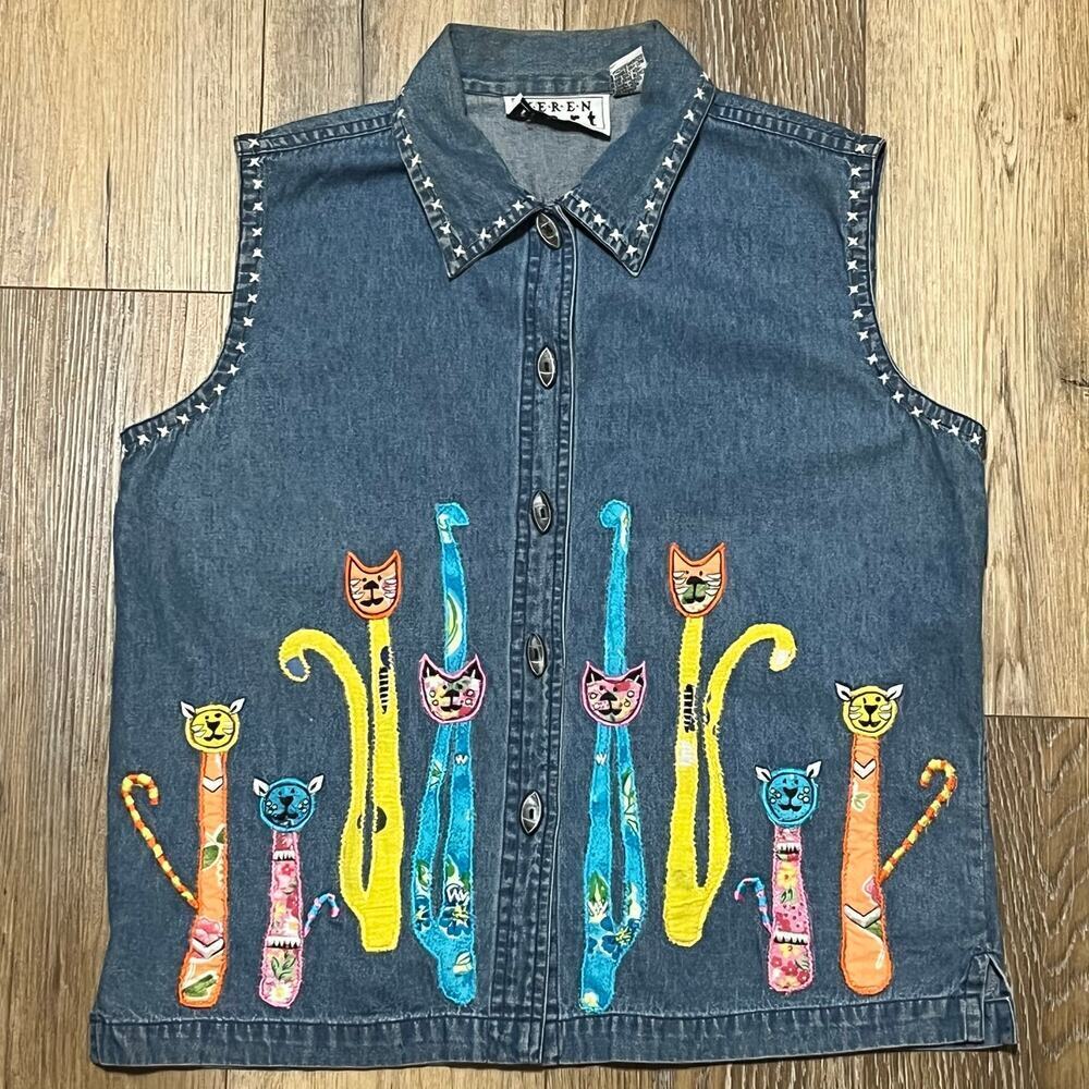 VTG Embroidered Cats Denim Vest Keren Hart Womens L 100% Cotton Kitschy Country